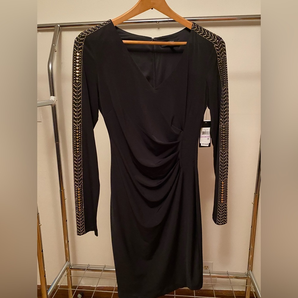 **NWT**Black Guess long sleeve runched sheath dress w/gold stud embellishments